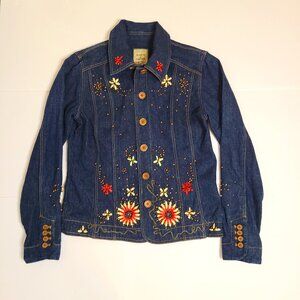 BONNIE & NORMA Denim Jean Jacket with Embroidered Spring Floral Design Sz S